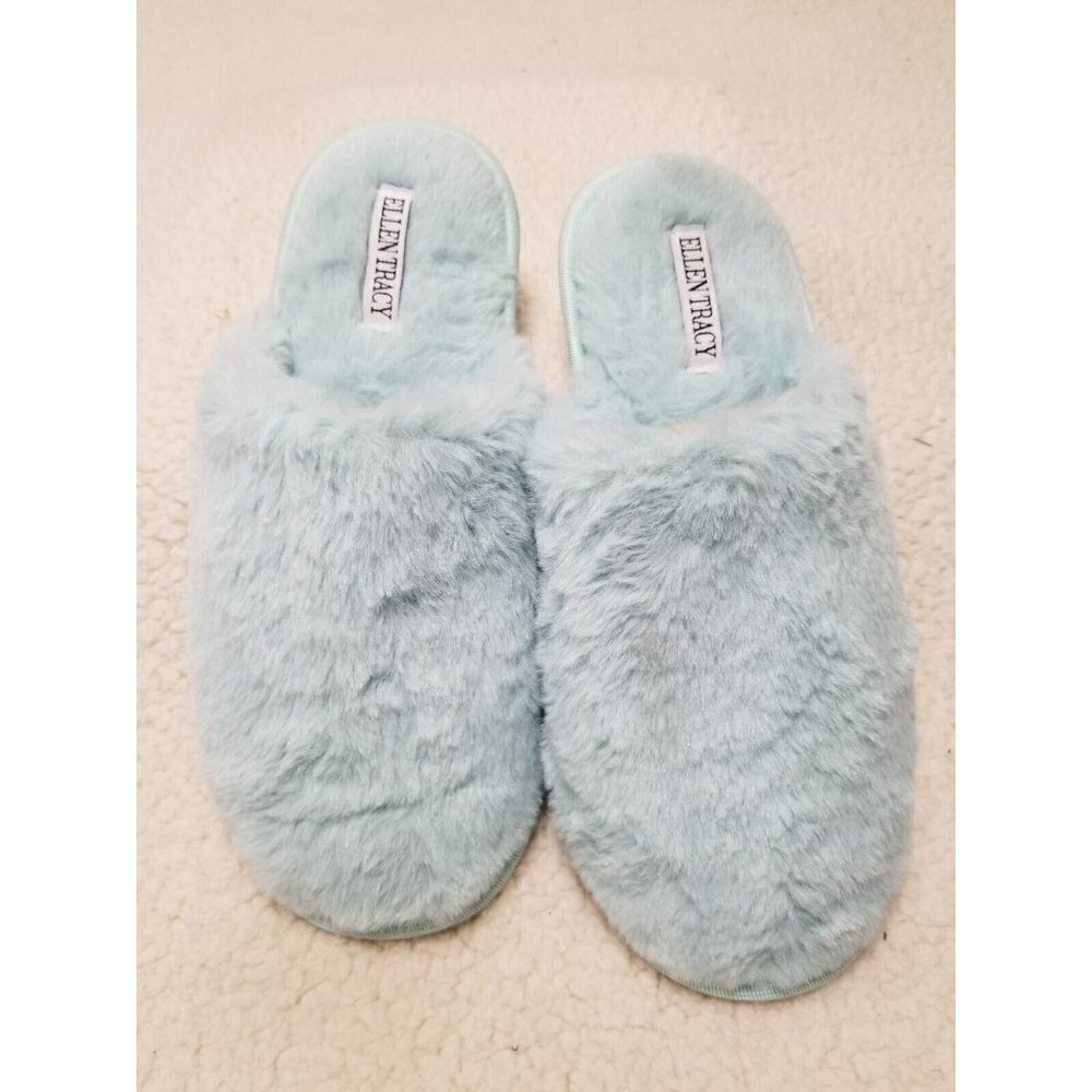 Ellen Tracy Women's Faux Fur Slip-On Slide Slippers Mint Green Size 9